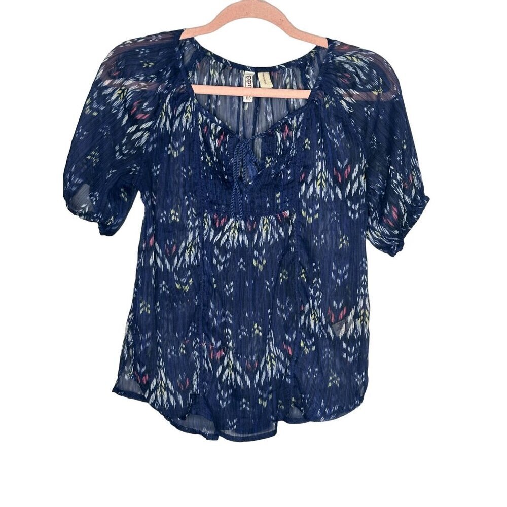 Mudd Sheer Blue Boho Print Blouse XS Short Puff Sleeves Tie Front Y2K